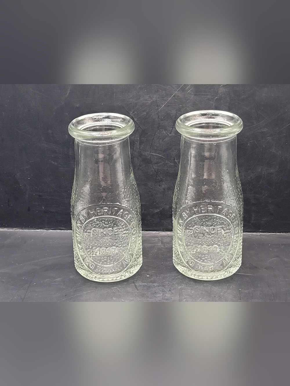 Vintage Set 2 Dairy Milk By Heritage Company 1810 Glass Milk Bottles 5.5”